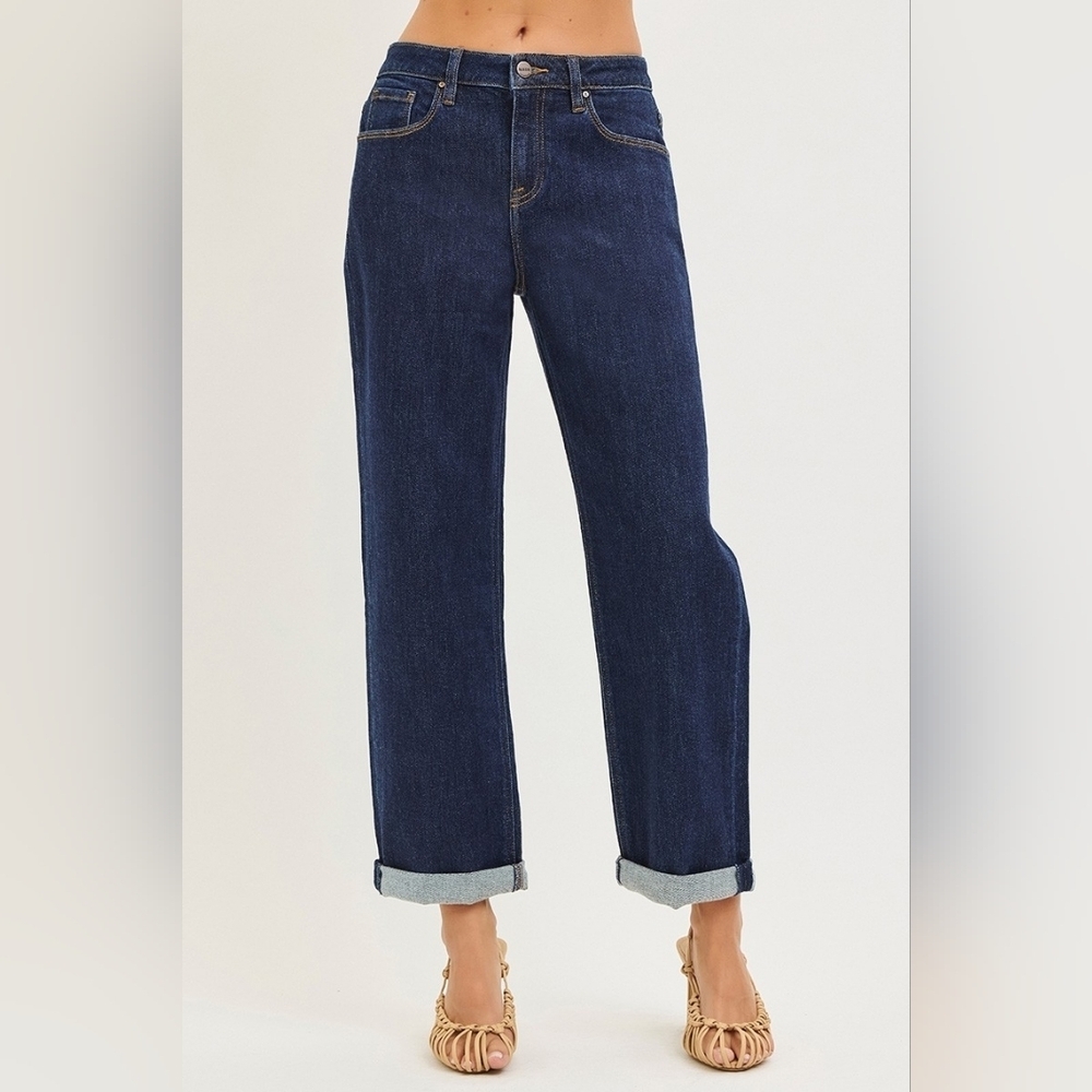 RISEN HR Deep Dark Wash Slouchy Boyfriend Jeans Cuffed Relaxed Stretch Various - Picture 6 of 12